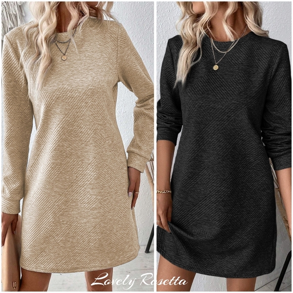 Lovely Rosetta Dresses & Skirts - Tan Round Neck Textured Mini Dress
